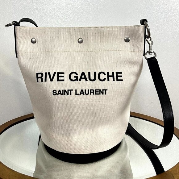 SAINT LAURENT Rive Gauche Bucket Bag in White Linen - Picture 6 of 17
